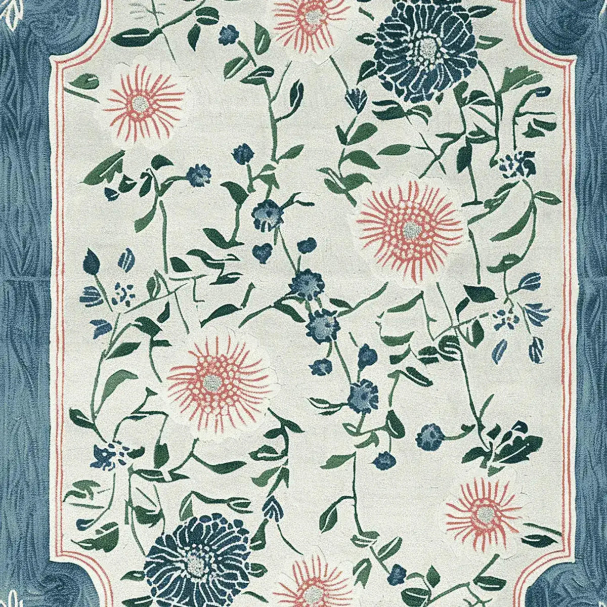 This area rug features a beautiful floral design with intricate patterns of pink and blue flowers on a cream background, bordered by a subtle blue edge. Made from high-quality wool, this large living room rug adds a touch of elegance and warmth to any space.