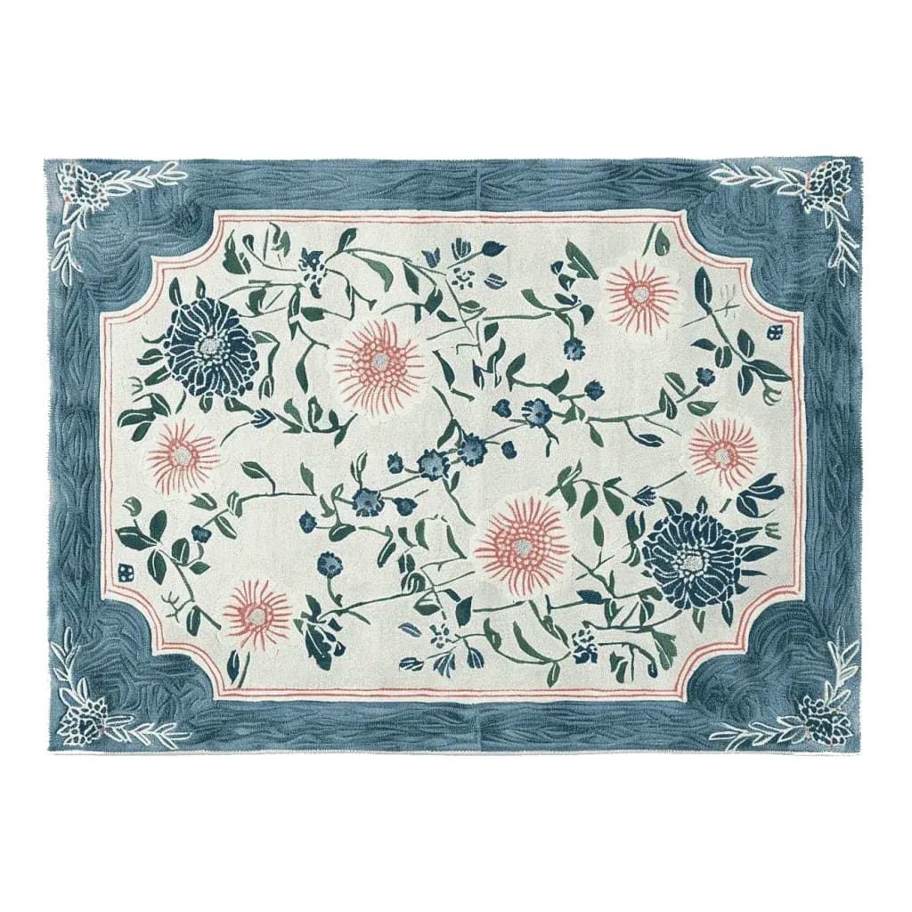 Top view of a Soft Bloom Canopy hand-tufted area rug featuring a floral design with delicate pink and blue flowers. This wool rug is perfect for adding elegance to large living rooms, combining beauty with the practicality of a high-quality area rug.