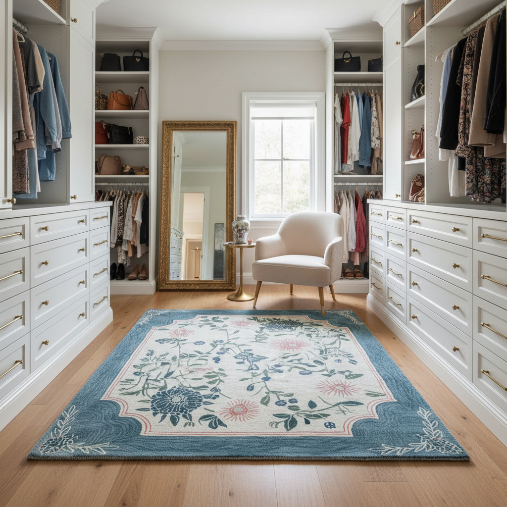 Modern walk-in closet with white furniture, floral rug, and armchair.