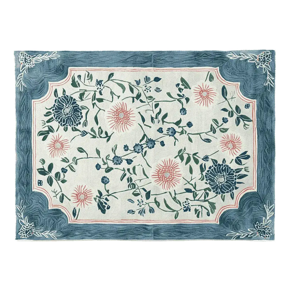 Top view of a Soft Bloom Canopy hand-tufted area rug featuring a floral design with delicate pink and blue flowers. This wool rug is perfect for adding elegance to large living rooms, combining beauty with the practicality of a high-quality area rug.