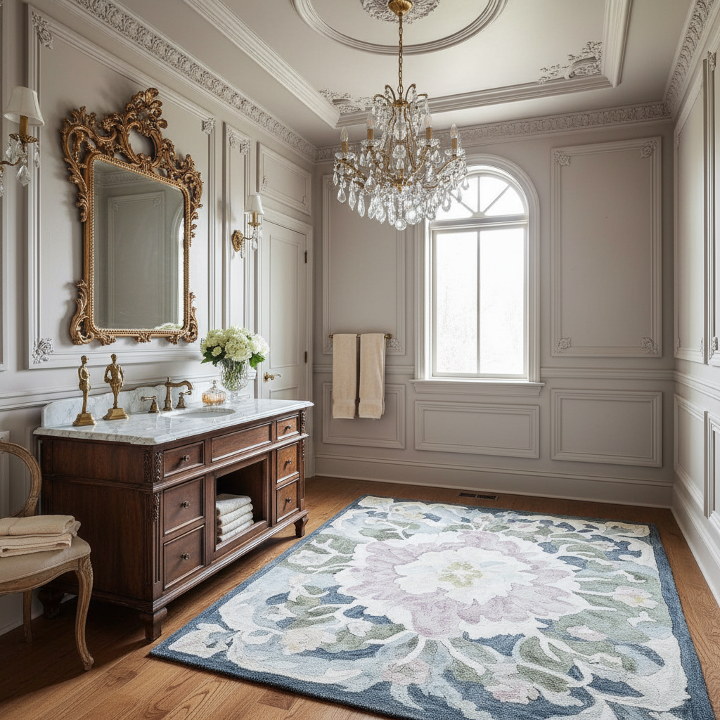 Luxurious bathroom with ornate mirror, chandelier, and floral rug.