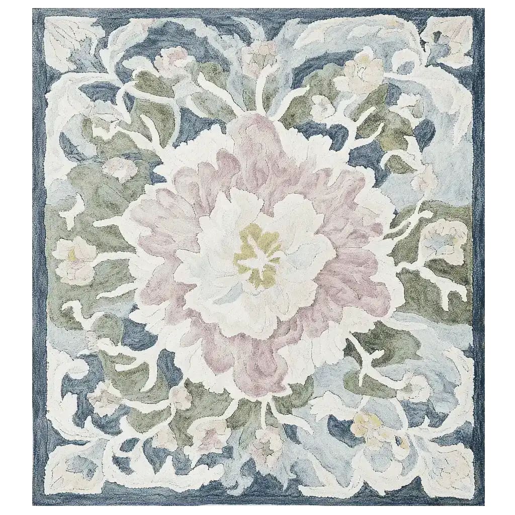 Top view of the Soft Bloom Rhapsody Hand Tufted Area Rug, showcasing an elegant floral design. This wool rug features soft pastel hues with intricate floral patterns, making it a perfect centerpiece for living room rugs 8x10.