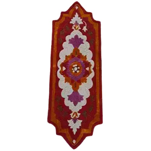 Top view of a Soft Blush Hand Tufted Wool Runner Rug featuring a vibrant floral design with rich red, orange, and purple hues. This elegant area rug is ideal for adding warmth to kitchen spaces, as a hallway runner rug, or as a stylish addition to living room area rugs. Perfect for those seeking a luxurious wool rug to enhance their decor.