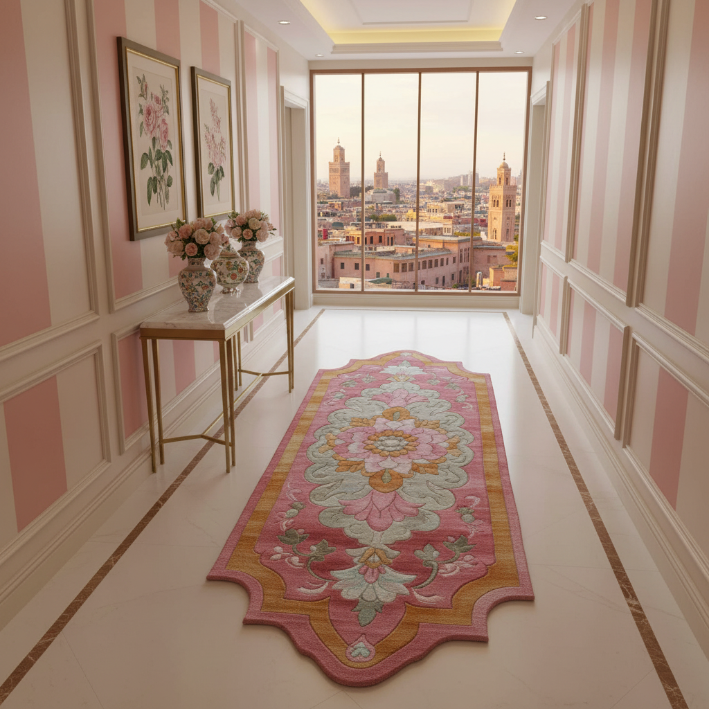 Decorative hallway with a pink floral rug, wall art, and city view.