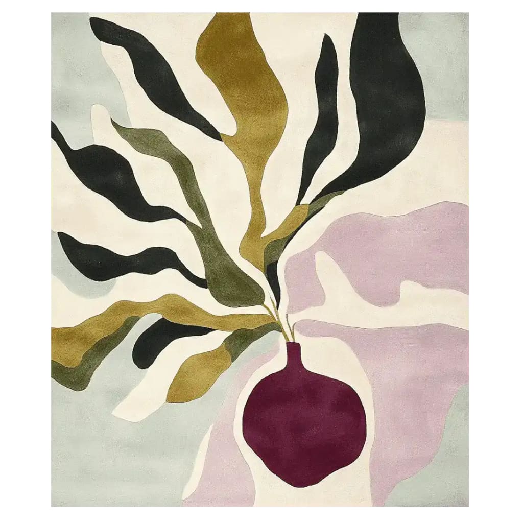 Soft Botanical Riot Hand Tufted Rug showcasing an abstract botanical design with flowing leaves in earth tones. This contemporary wool area rug is perfect for large living rooms, adding a touch of nature-inspired elegance to your space.