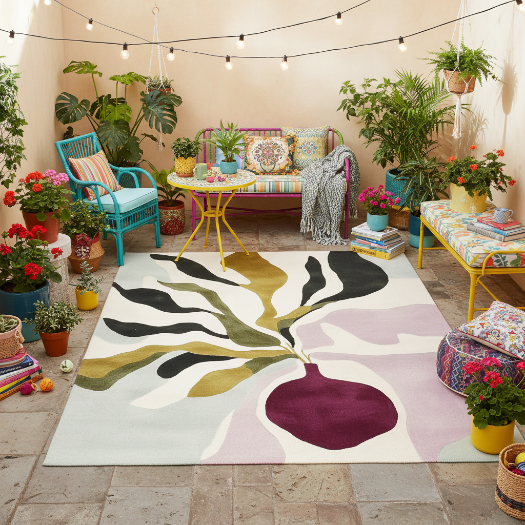 Colorful outdoor patio with a patterned rug, furniture, and plants.