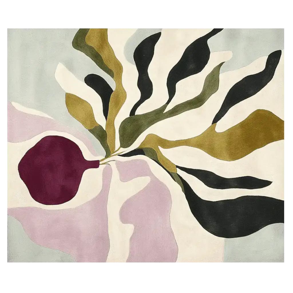 A stunning area rug featuring a contemporary design with abstract botanical patterns. The hand-tufted wool rug showcases a blend of earthy tones and a bold burgundy accent, making it an ideal large living room rug. Perfect for adding a touch of modern elegance to any area, this area rug is a standout piece for living rooms.