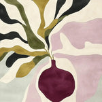 A close-up view of the Soft Botanical Riot Hand Tufted Rug showcasing its vibrant, abstract design. This contemporary wool area rug features bold, flowing shapes in shades of green, purple, and cream, making it an ideal large living room rug. Perfect for adding a modern touch to any space, this area rug brings a lively, artistic flair to your living room decor.