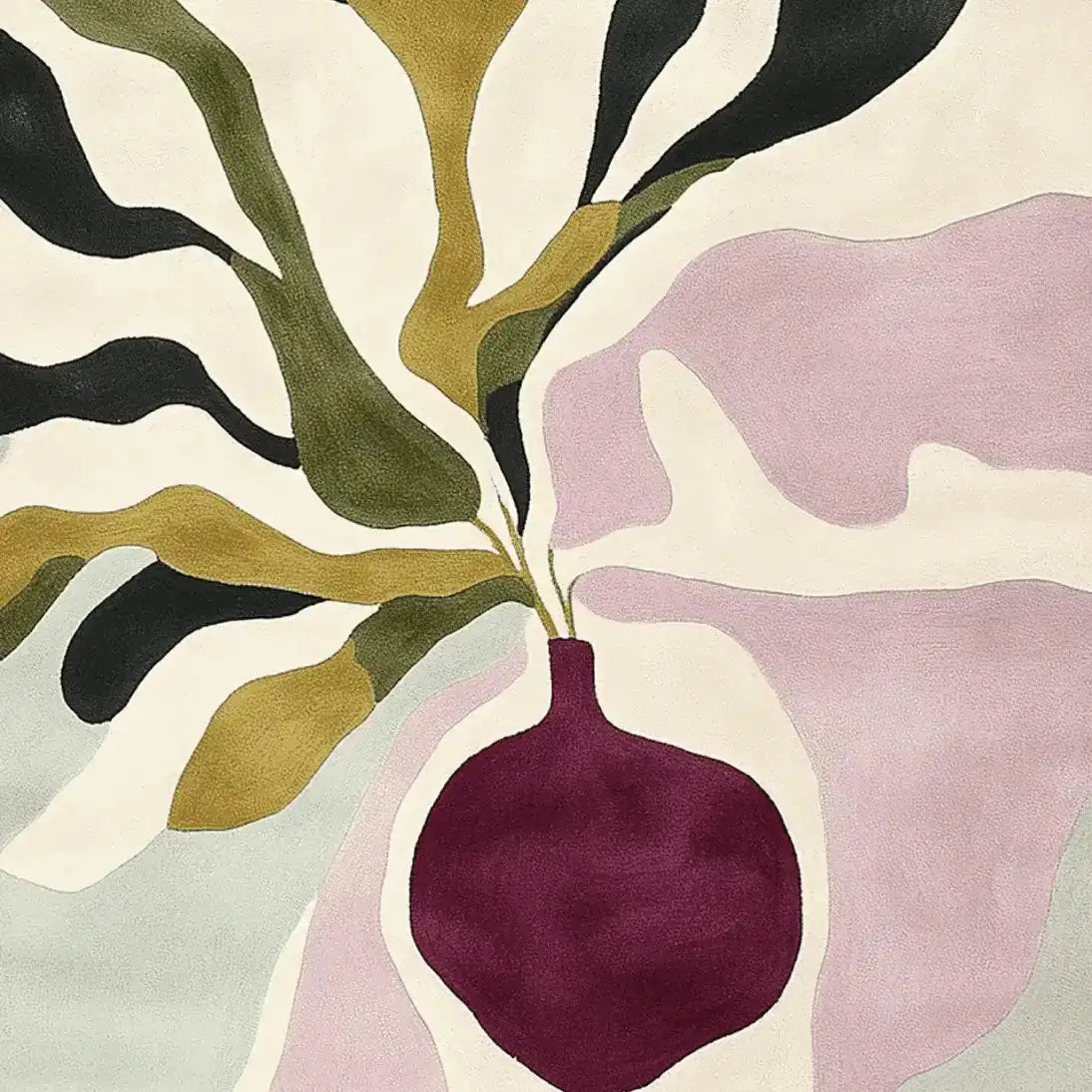 A close-up view of the Soft Botanical Riot Hand Tufted Rug showcasing its vibrant, abstract design. This contemporary wool area rug features bold, flowing shapes in shades of green, purple, and cream, making it an ideal large living room rug. Perfect for adding a modern touch to any space, this area rug brings a lively, artistic flair to your living room decor.