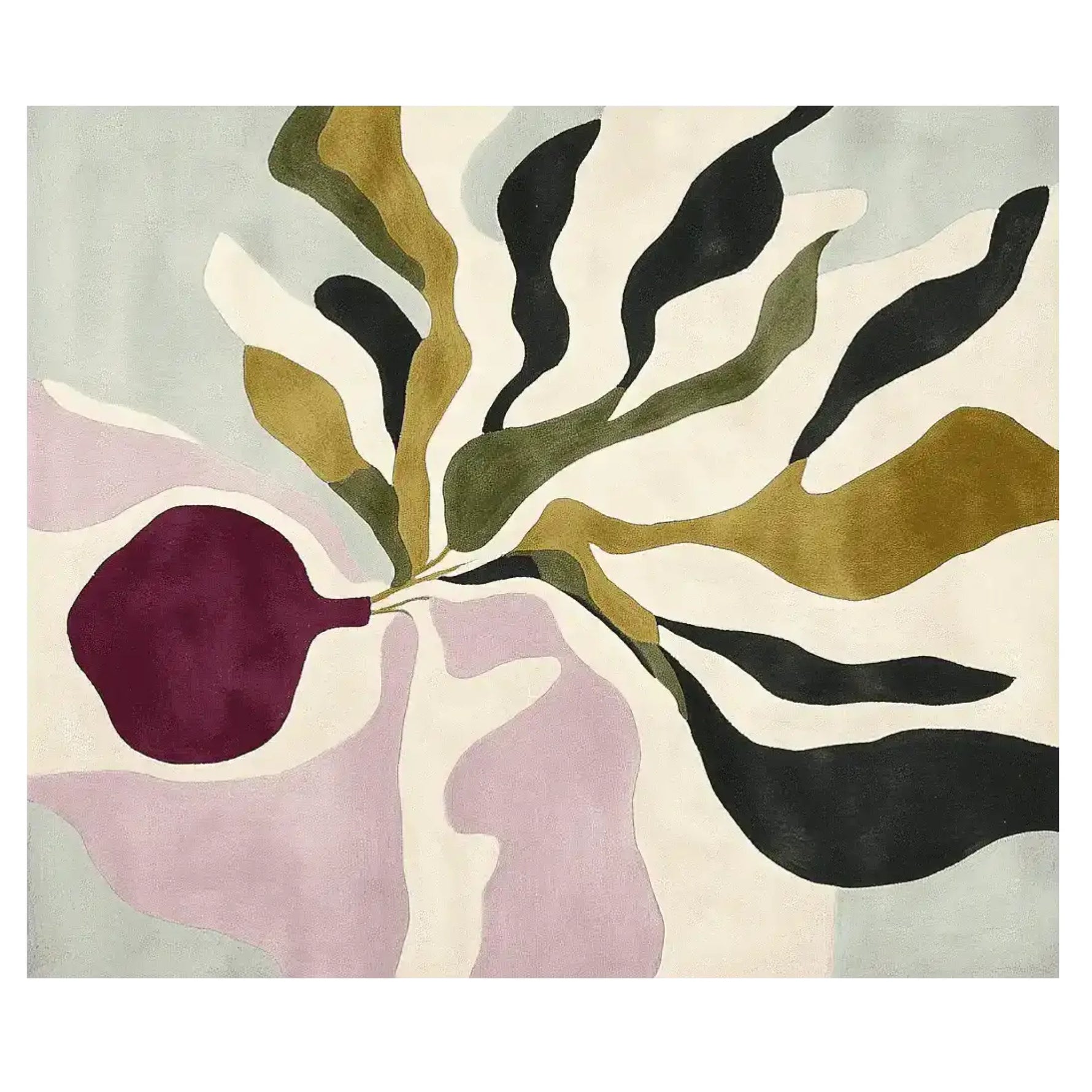 A stunning area rug featuring a contemporary design with abstract botanical patterns. The hand-tufted wool rug showcases a blend of earthy tones and a bold burgundy accent, making it an ideal large living room rug. Perfect for adding a touch of modern elegance to any area, this area rug is a standout piece for living rooms.