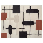 Top view of the Soft Circuit Rhythm Hand Tufted Area Rug, showcasing a contemporary design with abstract geometric patterns in black, cream, and rust colors. This wool rug is perfect for adding a modern touch to any living room, serving as a large centerpiece among rugs for living room decor.