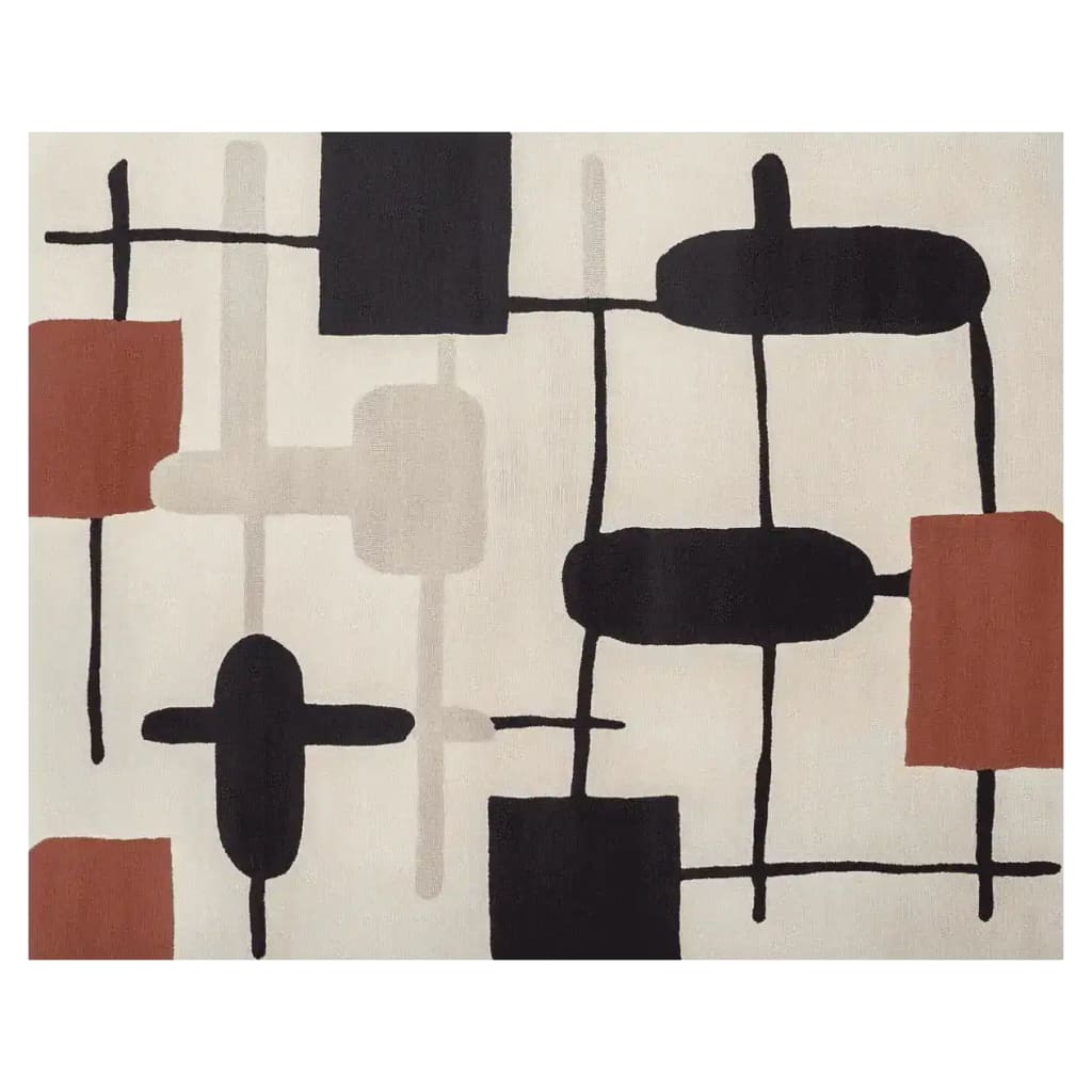 Top view of the Soft Circuit Rhythm Hand Tufted Area Rug, showcasing a contemporary design with abstract geometric patterns in black, cream, and rust colors. This wool rug is perfect for adding a modern touch to any living room, serving as a large centerpiece among rugs for living room decor.