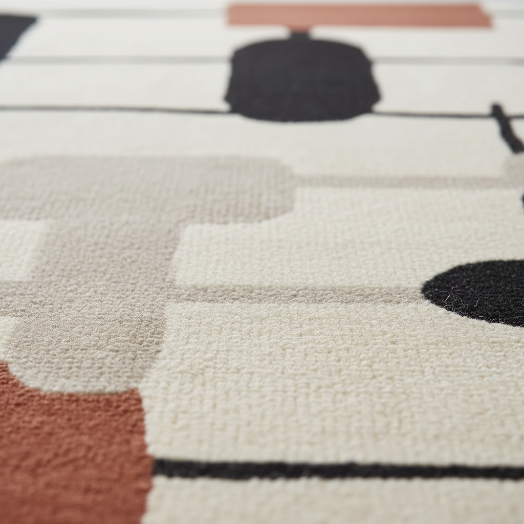 Close-up of a textured rug with geometric patterns in black, white, and brown.