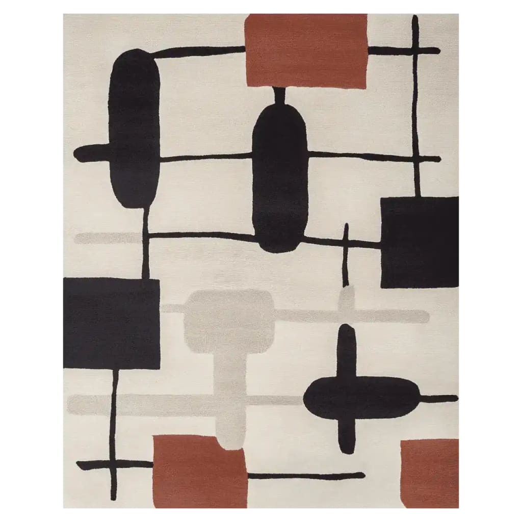 A contemporary hand-tufted wool area rug featuring an abstract geometric pattern in earthy tones of black, rust, and cream. Ideal for adding modern flair to large living rooms, this rug combines functionality with style.