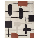 A contemporary hand-tufted wool area rug featuring an abstract geometric pattern in earthy tones of black, rust, and cream. Ideal for adding modern flair to large living rooms, this rug combines functionality with style.