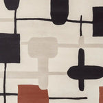This image features a contemporary hand-tufted area rug with an abstract geometric pattern in neutral tones of black, beige, and rust. Made from high-quality wool, this rug is perfect for adding a modern touch to any living room. The design showcases intersecting lines and shapes, making it a stylish choice for large living room spaces.
