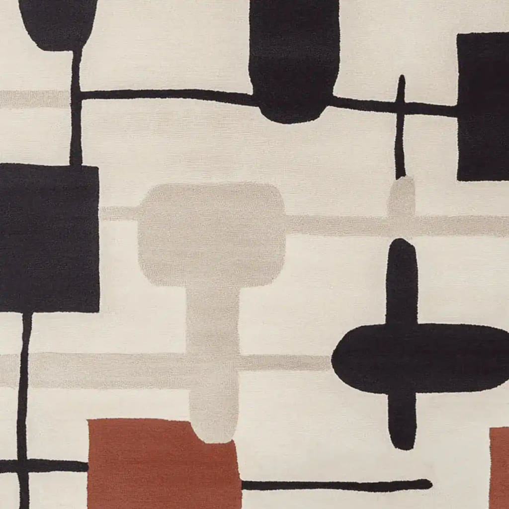 This image features a contemporary hand-tufted area rug with an abstract geometric pattern in neutral tones of black, beige, and rust. Made from high-quality wool, this rug is perfect for adding a modern touch to any living room. The design showcases intersecting lines and shapes, making it a stylish choice for large living room spaces.