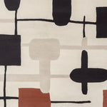 This image features a contemporary hand-tufted area rug with an abstract geometric pattern in neutral tones of black, beige, and rust. Made from high-quality wool, this rug is perfect for adding a modern touch to any living room. The design showcases intersecting lines and shapes, making it a stylish choice for large living room spaces.