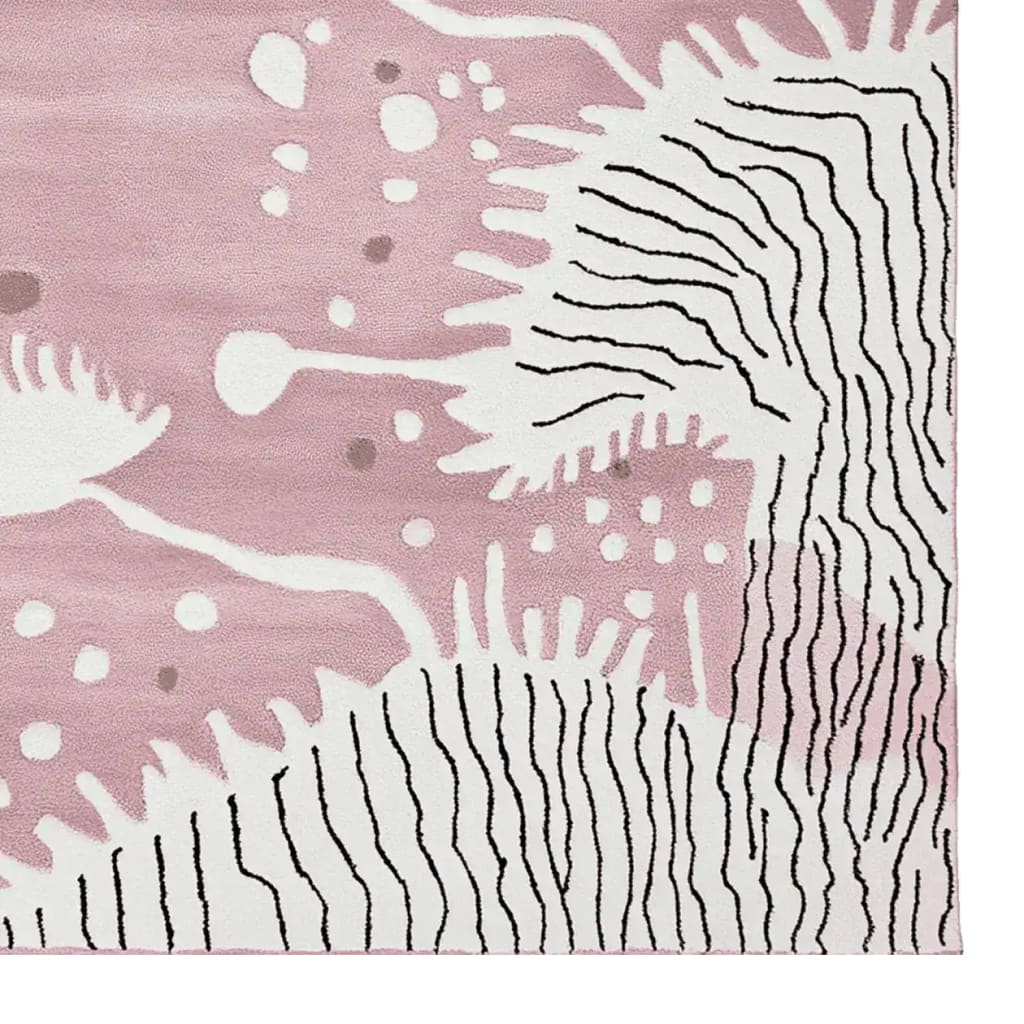 Soft Coral Bloom Hand Tufted Rug featuring an abstract design with swirling patterns in soft pink and white hues. This contemporary wool area rug, perfect for a living room, offers a modern artistic touch and fits well as an 8x10 rug.
