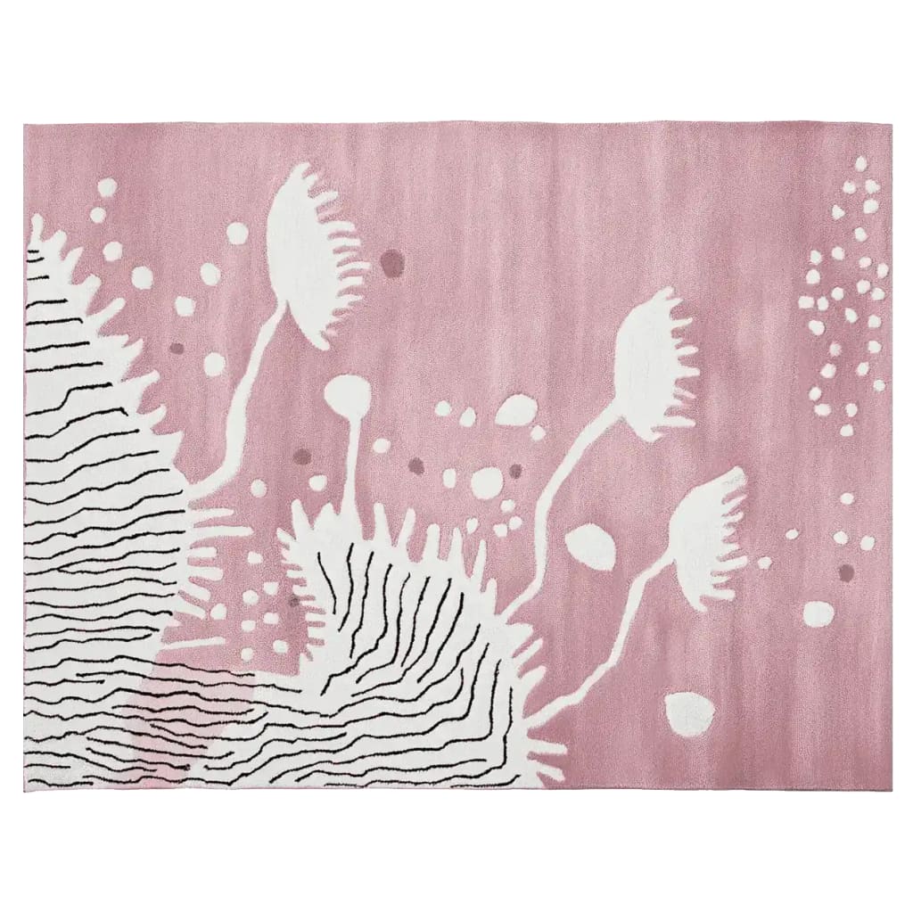 Soft Coral Bloom Hand Tufted Area Rug with an abstract floral design in soft pink and white tones. This contemporary wool rug is perfect for adding a touch of elegance to living room spaces. Ideal as an 8x10 area rug, it enhances the decor with its unique pattern and plush texture.