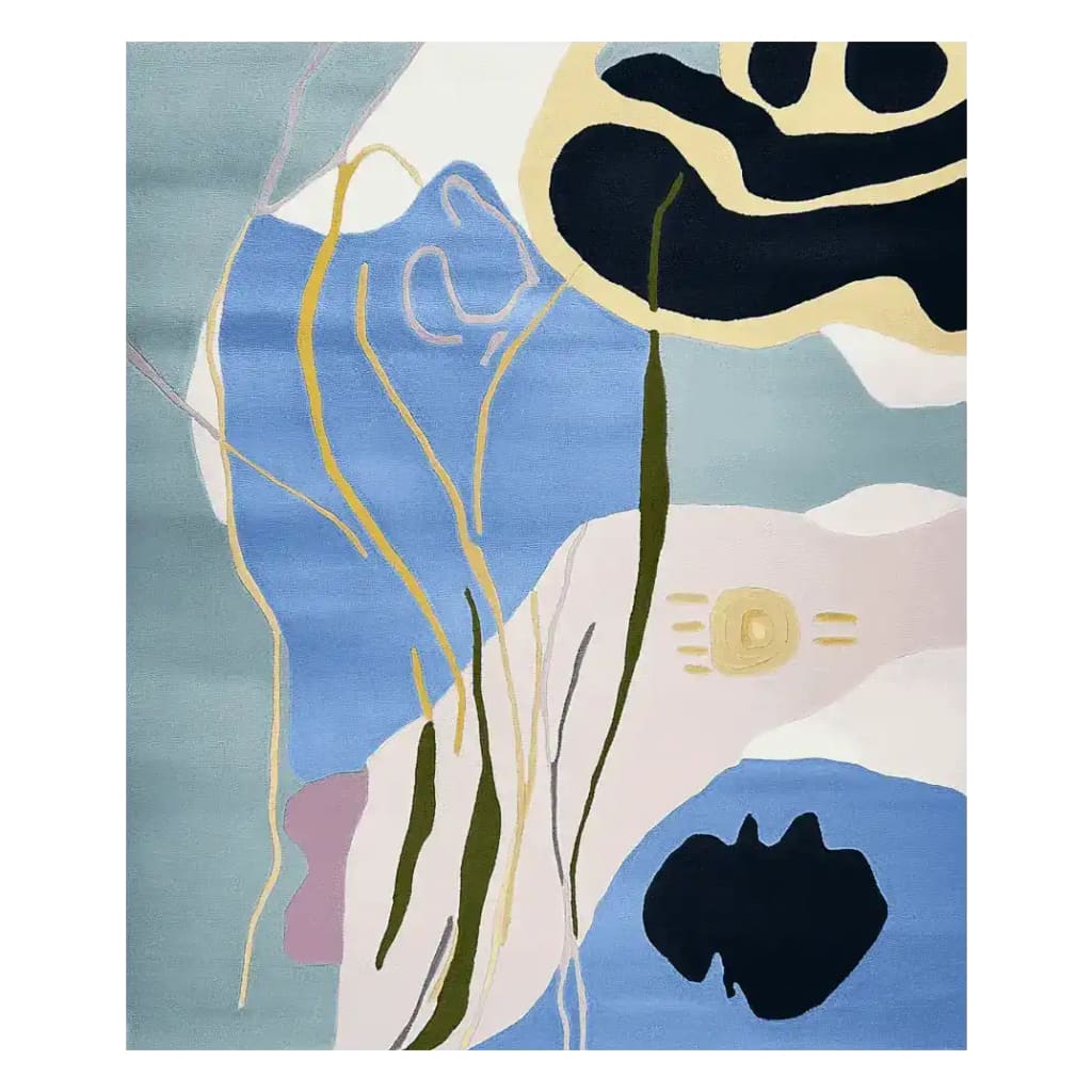 Top view of the Soft Echo Garden Hand Tufted Rug showcasing its abstract design in soft blue, cream, and black hues. This contemporary wool area rug is perfect for adding a stylish touch to any living room.