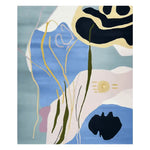 Top view of the Soft Echo Garden Hand Tufted Rug showcasing its abstract design in soft blue, cream, and black hues. This contemporary wool area rug is perfect for adding a stylish touch to any living room.