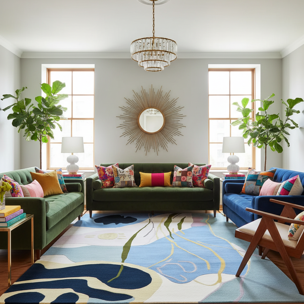 Living room with colorful furniture, an abstract wool rug, and decorative elements