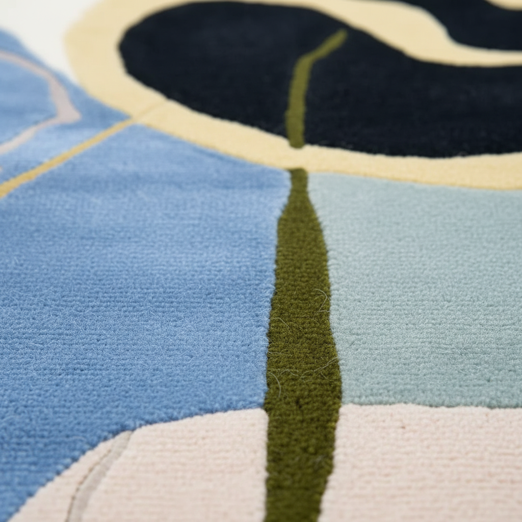 Close-up of a textured rug with geometric patterns in blue, green, and beige.