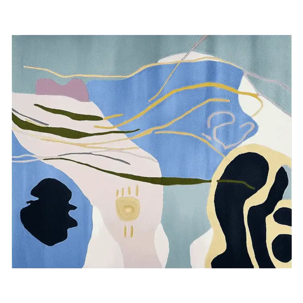 Top view of the Soft Echo Garden Hand Tufted Area Rug showcasing its contemporary design. The wool rug features abstract patterns in blue, beige, and black, perfect for adding a modern touch to rugs for living room settings.