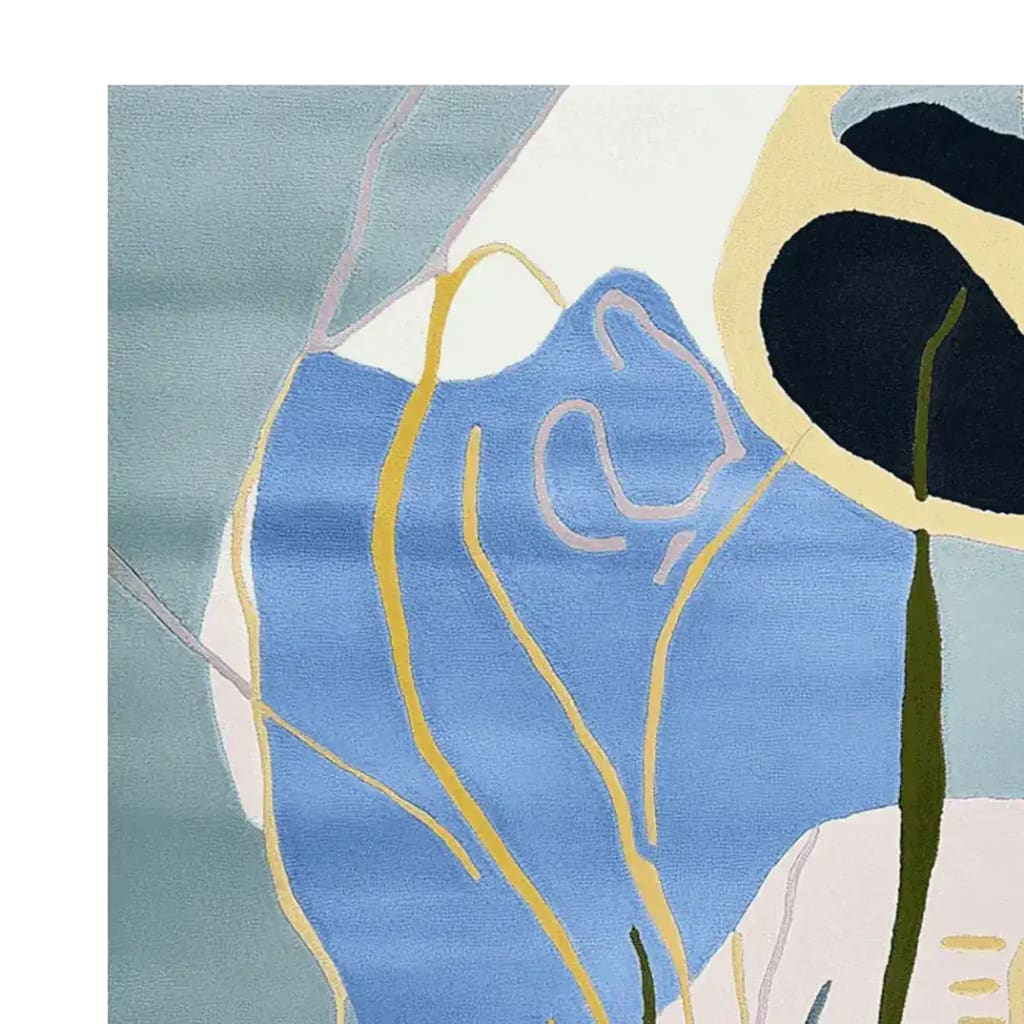 Close-up view of the Soft Echo Garden Hand Tufted Area Rug, showcasing its contemporary design with abstract patterns in blue, yellow, and black. This wool rug is perfect for adding a stylish touch to living rooms, offering both comfort and elegance as an area rug for living room spaces.