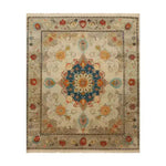 A beautifully designed Soft Floral Harmony Hand Knotted Area Rug featuring an intricate floral pattern with vibrant colors, perfect for enhancing any living room. This 8x10 vintage rug combines the elegance of Persian rugs with a modern touch, making it an ideal choice for those seeking stylish rugs for the living room.