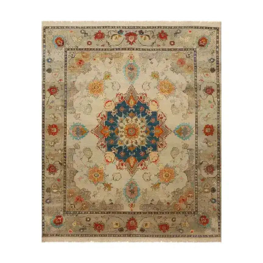 A beautifully designed Soft Floral Harmony Hand Knotted Area Rug featuring an intricate floral pattern with vibrant colors, perfect for enhancing any living room. This 8x10 vintage rug combines the elegance of Persian rugs with a modern touch, making it an ideal choice for those seeking stylish rugs for the living room.