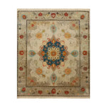 A beautifully designed Soft Floral Harmony Hand Knotted Area Rug featuring an intricate floral pattern with vibrant colors, perfect for enhancing any living room. This 8x10 vintage rug combines the elegance of Persian rugs with a modern touch, making it an ideal choice for those seeking stylish rugs for the living room.