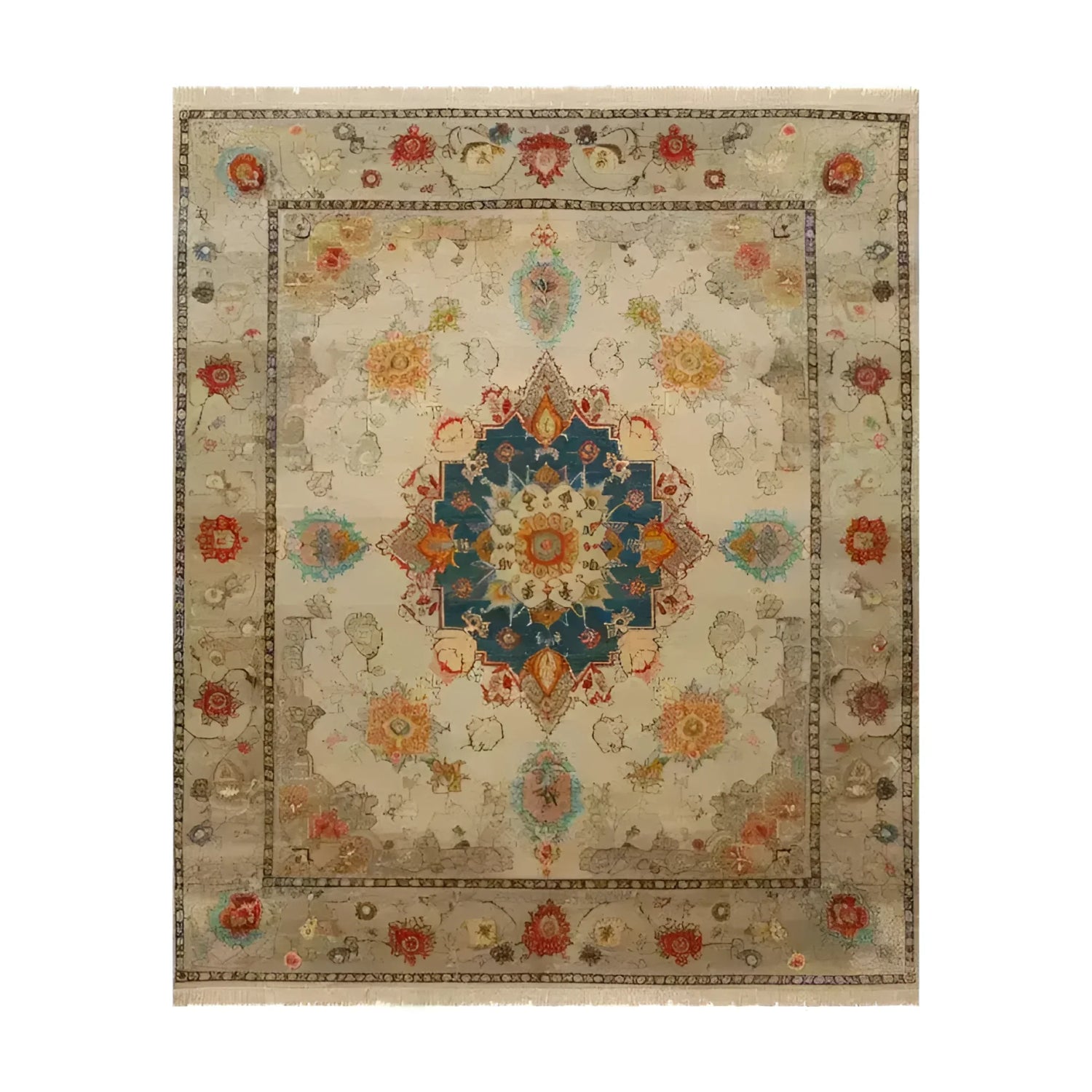 A beautifully designed Soft Floral Harmony Hand Knotted Area Rug featuring an intricate floral pattern with vibrant colors, perfect for enhancing any living room. This 8x10 vintage rug combines the elegance of Persian rugs with a modern touch, making it an ideal choice for those seeking stylish rugs for the living room.