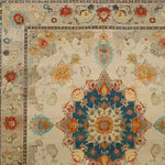 Close-up of a beautifully detailed floral rug, showcasing intricate Persian designs in vibrant colors. This hand-knotted area rug is perfect for adding a touch of vintage charm to your living room. Ideal for an 8x10 space, it's a stunning example of elegant living room rugs.
