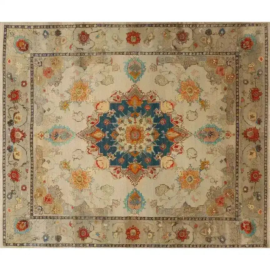 Soft Floral Harmony Hand Knotted Area Rug showcasing an intricate Persian-inspired design with vibrant floral patterns. This vintage rug is perfect for adding a touch of elegance to your living room. The 8x10 size makes it ideal for spacious areas, offering a blend of traditional and modern aesthetics that complement any decor.
