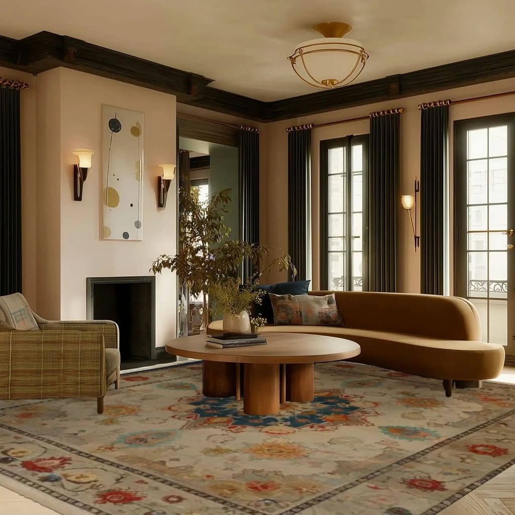 Cozy living room with a brown sofa, wooden coffee table, and decorative rug.