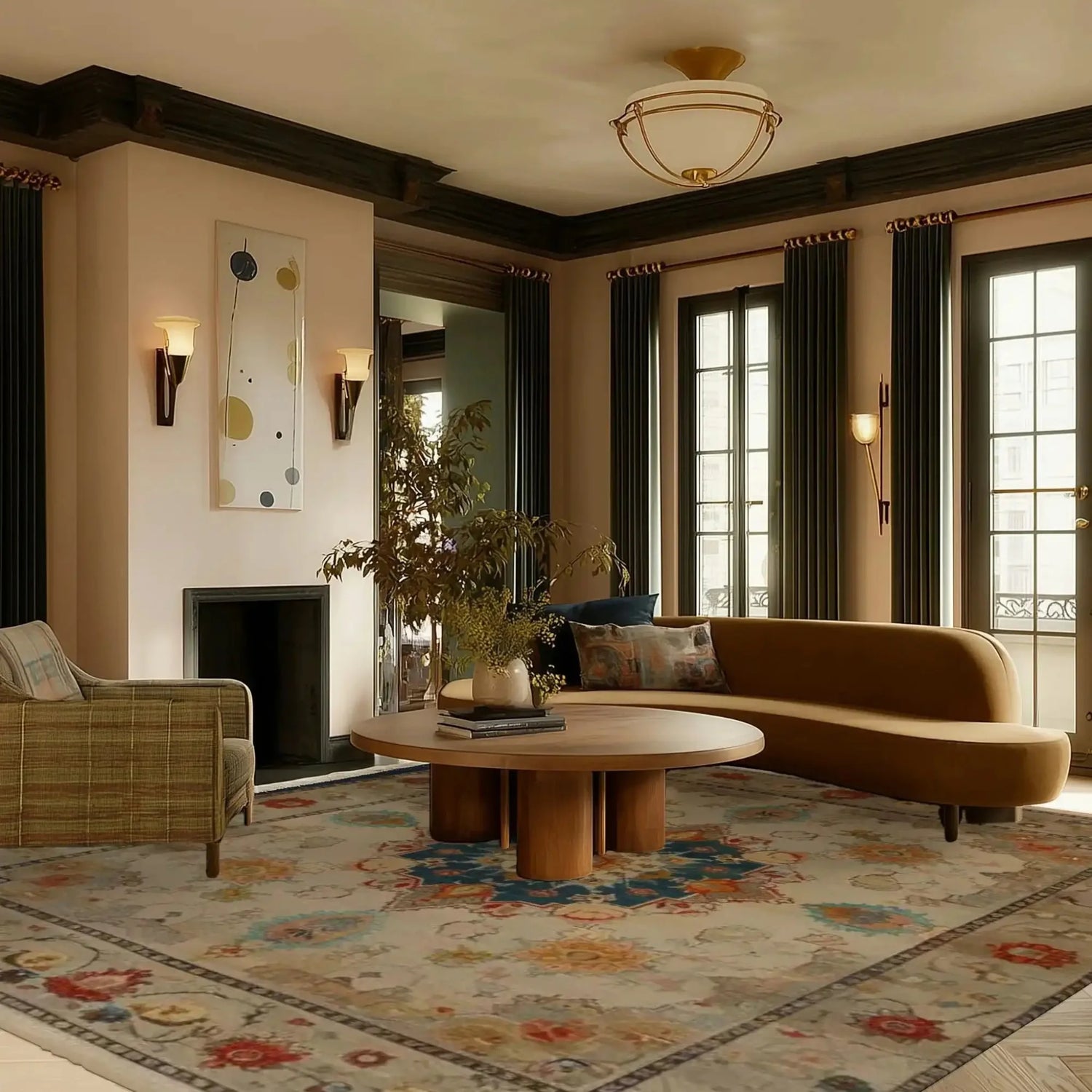 Cozy living room with a brown sofa, wooden coffee table, and decorative rug.