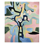 Beautiful top view of a Soft Form Abstraction Hand Tufted Rug, showcasing a vibrant and colorful design. This contemporary area rug features an abstract pattern in pink, blue, yellow, and black hues, perfect for adding a modern touch to any living room. Made from high-quality wool, this large living room rug offers a soft and luxurious feel underfoot.