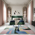 Luxurious bedroom with a green bed, abstract rug, and decorative elements.