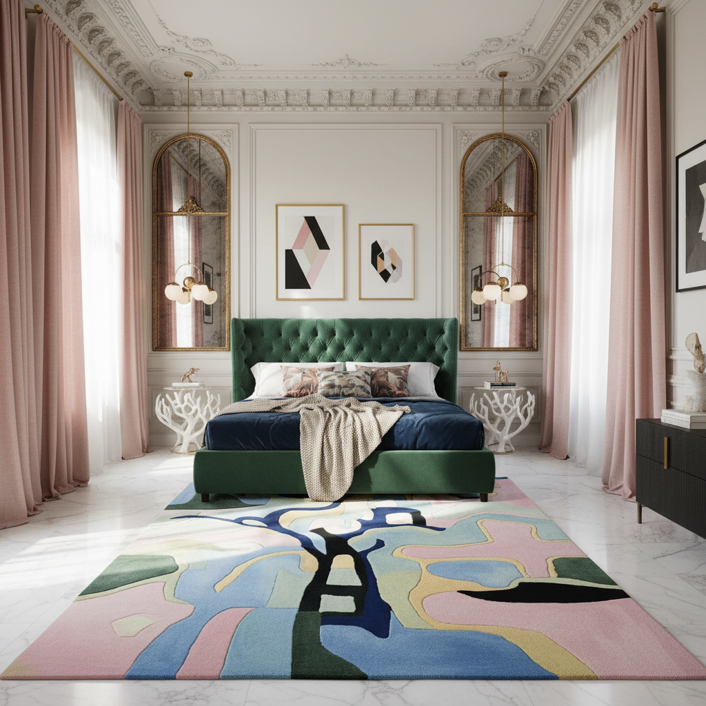 Luxurious bedroom with a green bed, abstract rug, and decorative elements.