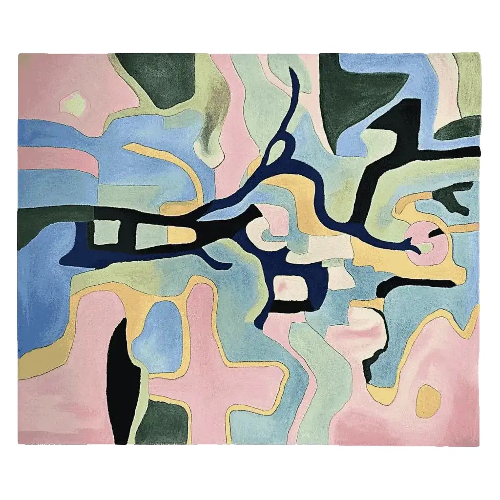 Top view of a vibrant Soft Form Abstraction Hand Tufted Area Rug, featuring an array of abstract shapes in pastel and bold colors. This contemporary wool rug is perfect for adding a modern touch to your living room, especially as a large living room rug.