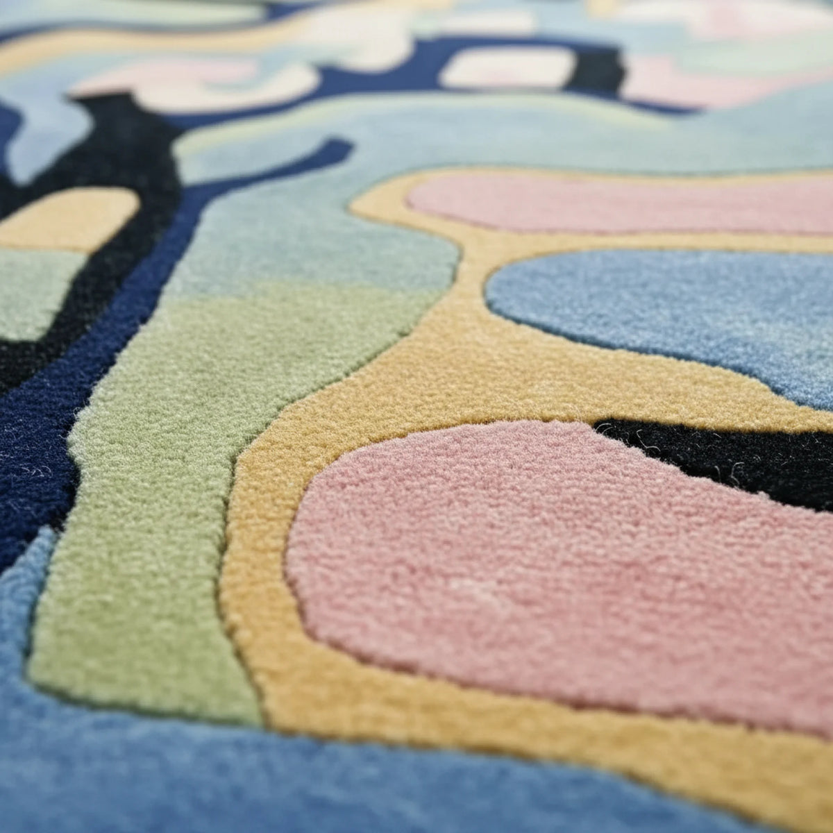 Colorful abstract rug with pastel shades on a blue background