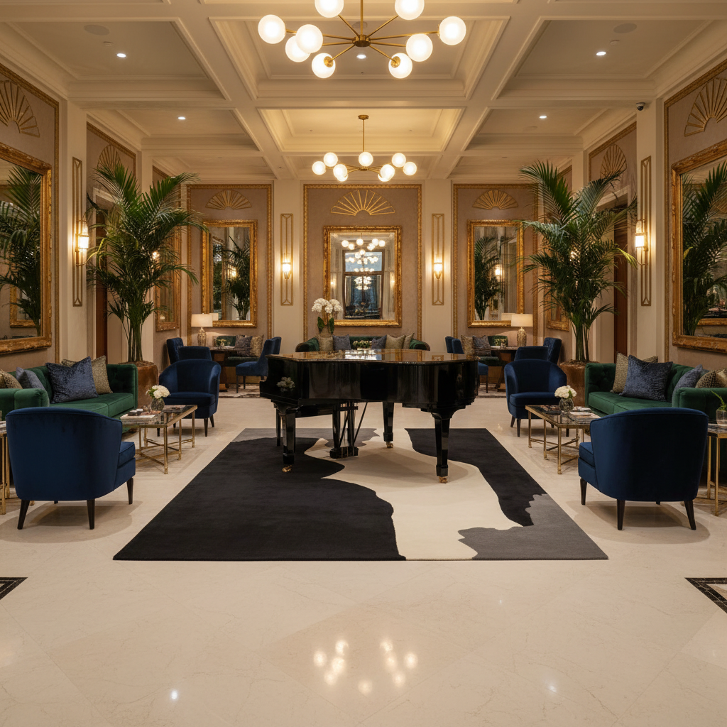 Luxurious interior of a hotel lobby with a grand piano, blue chairs, a contemporary wool rug, and decorative elements.