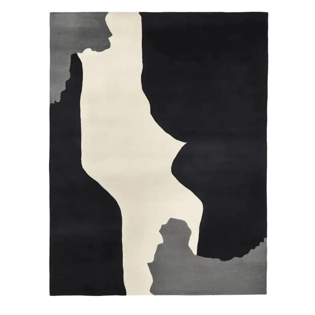 Top view of the Soft Form Focus Hand Tufted Area Rug, showcasing its contemporary abstract design in black, white, and gray tones. This wool rug is an ideal choice for living room spaces, offering a modern aesthetic in an 8x10 size.