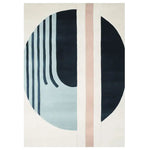 This contemporary wool area rug features an abstract design with bold geometric shapes in shades of blue and beige, perfect for enhancing the style of any living room. Ideal for those seeking a modern touch with living room area rugs.