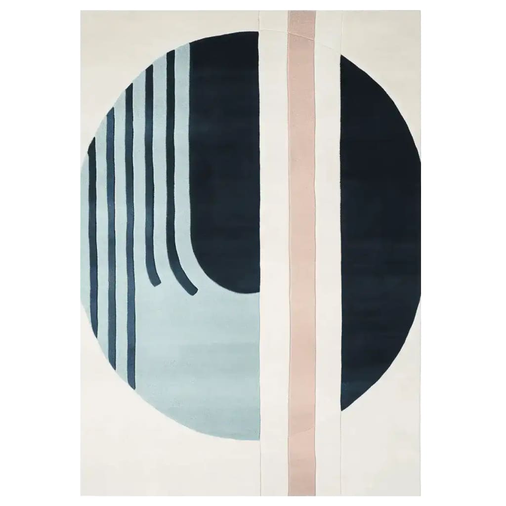 This contemporary wool area rug features an abstract design with bold geometric shapes in shades of blue and beige, perfect for enhancing the style of any living room. Ideal for those seeking a modern touch with living room area rugs.