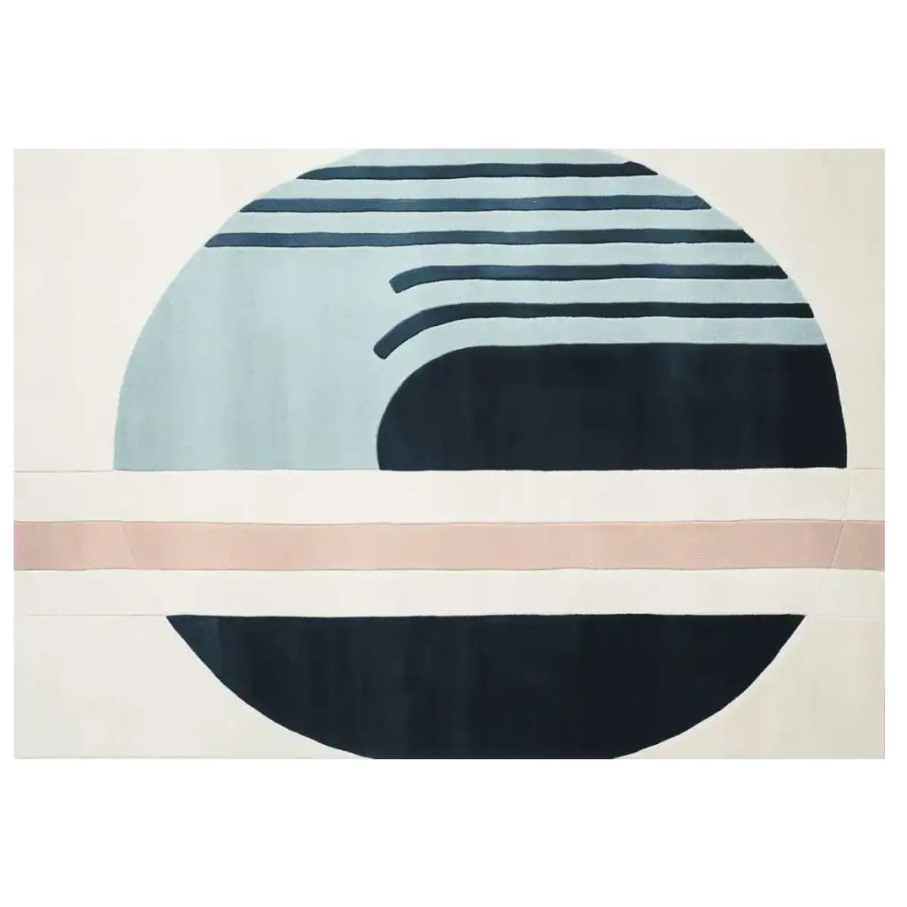 Contemporary area rug with a geometric design, featuring a large circular pattern in shades of blue and black, accented by a horizontal beige stripe. Perfect as a wool rug for modern living room spaces, adding a stylish touch to any decor.