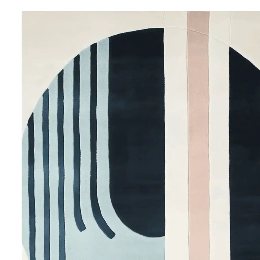 A contemporary area rug featuring an abstract design with curved and straight lines in shades of blue, black, and beige. Ideal for modern living room spaces, this wool rug adds a stylish touch to any decor.