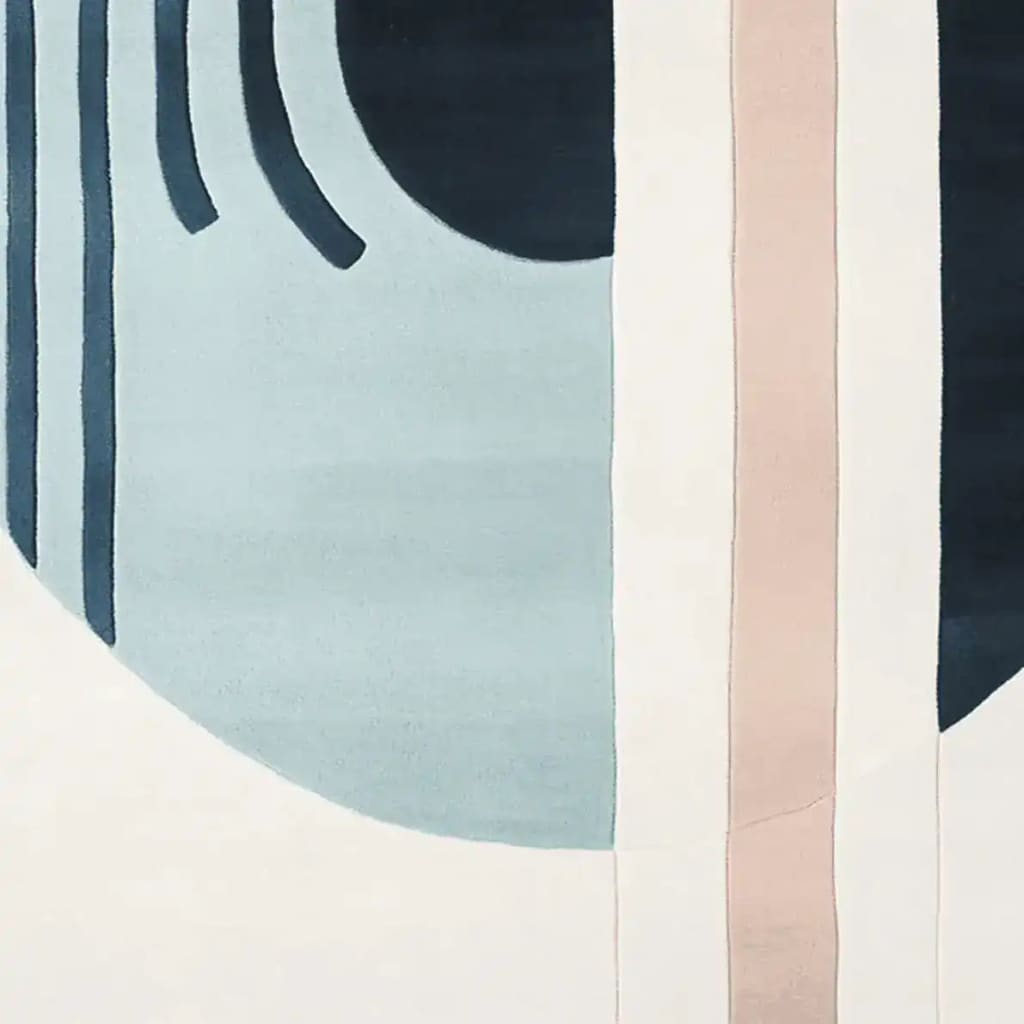 Close-up of the Soft Geometry Flow Hand Tufted Rug showcasing its contemporary design with flowing lines in soft colors. This wool rug is perfect for a modern living room, adding a stylish touch to any space. Ideal as a living room area rug, this piece combines elegance with functionality.